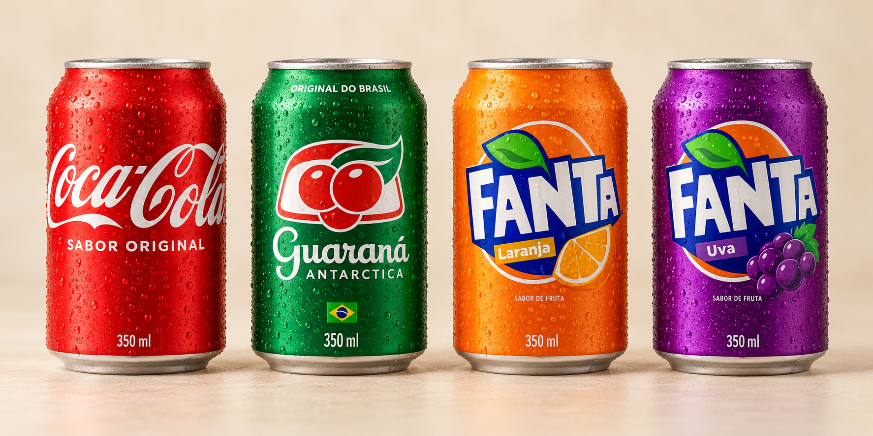 Latas de 350 ml de Coca-Cola, Guaraná Antarctica, Fanta Laranja e Fanta Uva